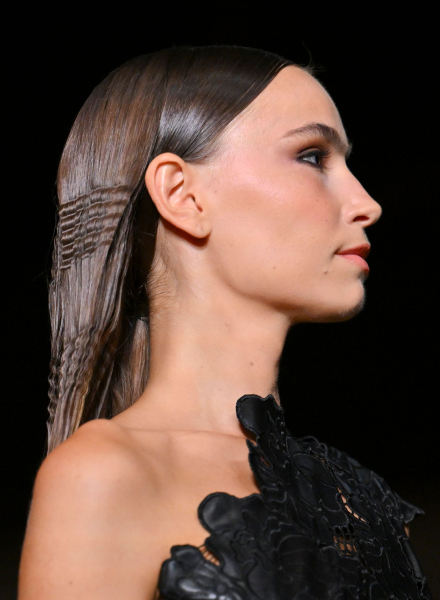 Model with crimped hair at Christian Siriano's runway show