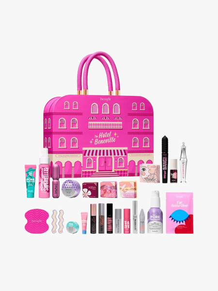 Benefit Cosmetics The Hotel Beneville 24Day Advent Calendar in multiple branded components on a light gray background