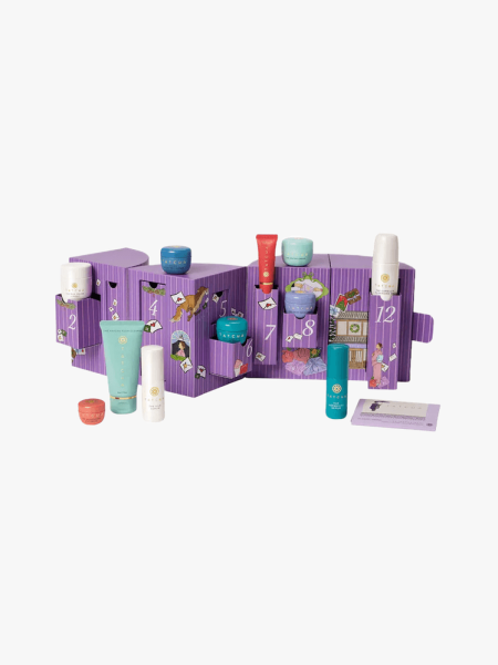 Tatcha 12 Ways to Love Your Skin Advent Calendar in multiple branded components on a light gray background