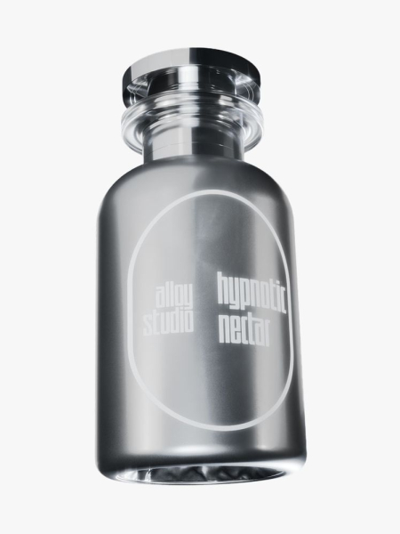 Silver bottle of Alloy Studio Hypnotic Nectar with silver cap on light gray background