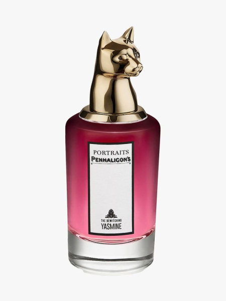 bottle of  Penhaligon’s The Bewitching Yasmine with gold cap on light gray background